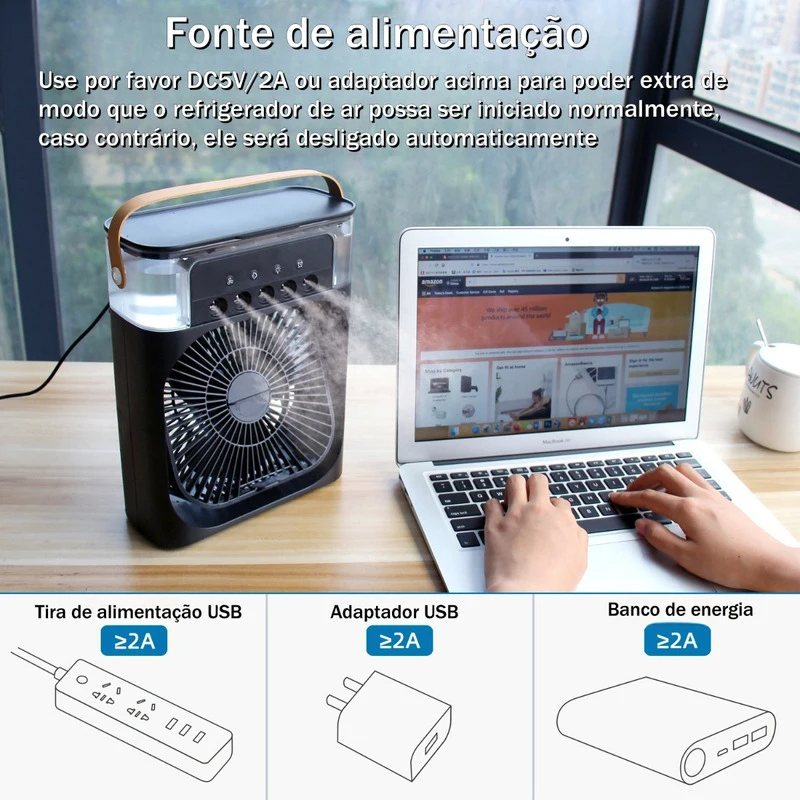 Refrigerador De Ar Ventilador Umidificador Portátil Com Led Reservatório De Água Led Usb